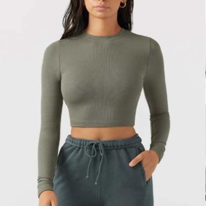 Women's Sports Long Sleeve Round Neck Sexy Waistband Casual Fitness Short Slim Top