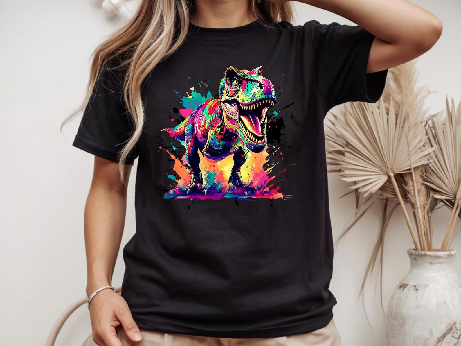 Neon T-Rex Watercolor Splash Shirt, Dinosaur Graphic Tee, Animal Lover Apparel S