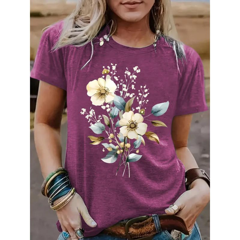 A New Summer Short-sleeved Women's T-shirt with Plant and Floral Prints