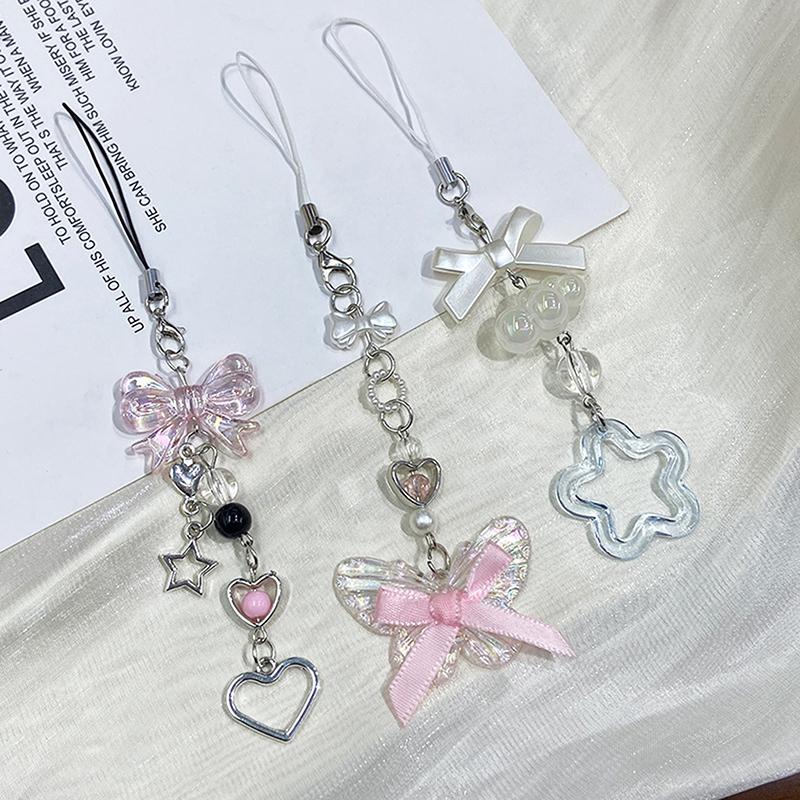 1Pc Cute Butterfly Bead Handmade Sweet Girl Keychain For Ip 11 Camera Kawaii Y2K Love Five Pointed Star Phone Charms Pendant