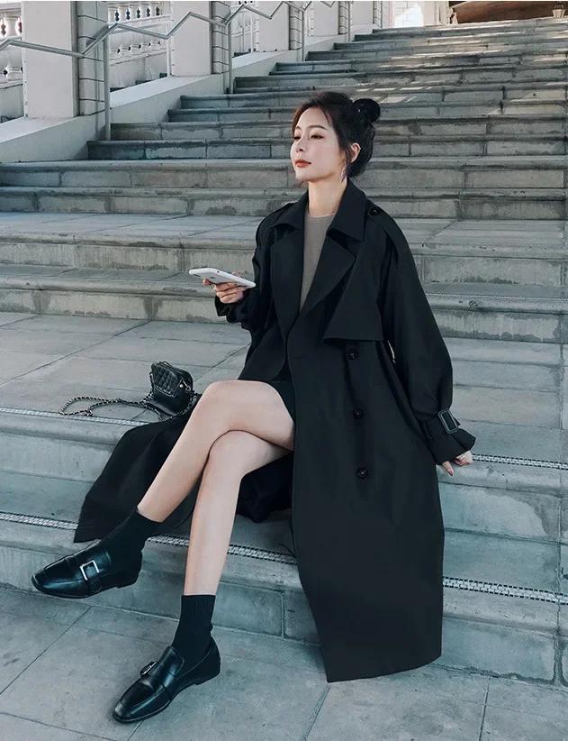 

Свободная ветровка в стиле ретро с двубортным черным хаки, женская модная дизайнерская винтажная туника с поясами, повседневное длинное пальто XXL чёрный