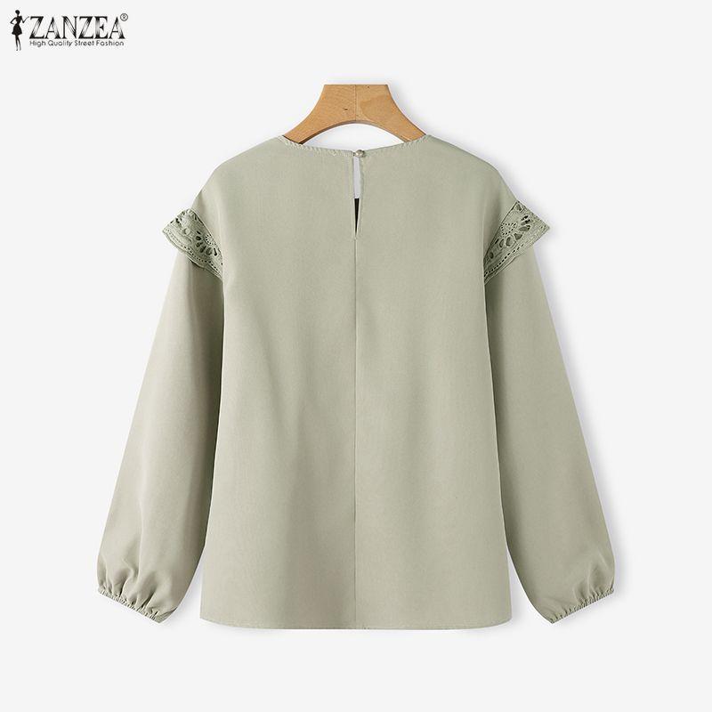 ZANZEA Women Casual Round Neck Long Sleeve Lace Crochet Splice Blouse