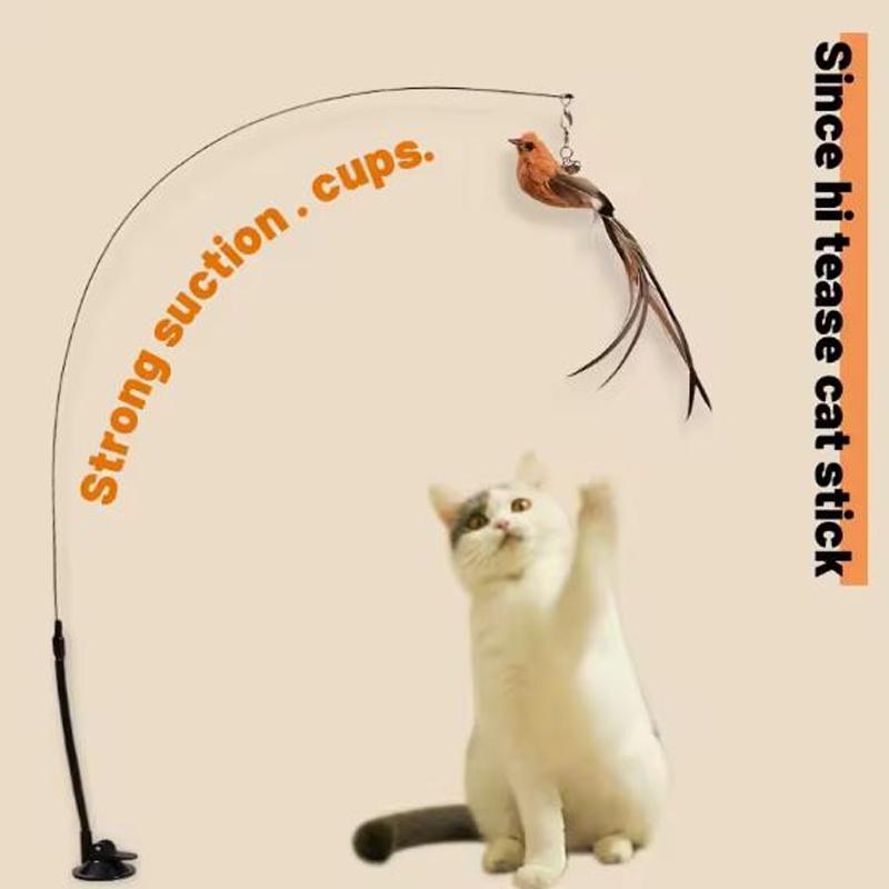 

Cat toys cat self-sexy feather suction cup teasing cat stick with bell bird replacement head resistant to bite pet cat toys коричневый