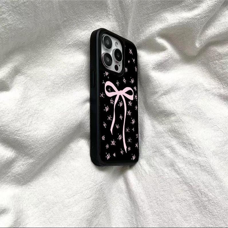 Pink bow floral application Apple 17 mobile phone case iPhone16 matte PC14 girl 15 large holes 13 hard case
