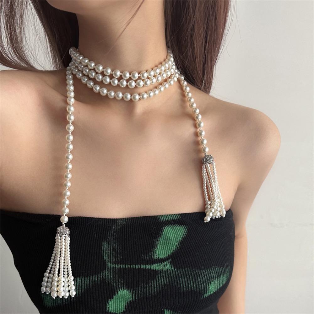 

Exaggerate Sweater Chain Tassel Waistband Exquisite Pearl Beaded Necklace Women білий