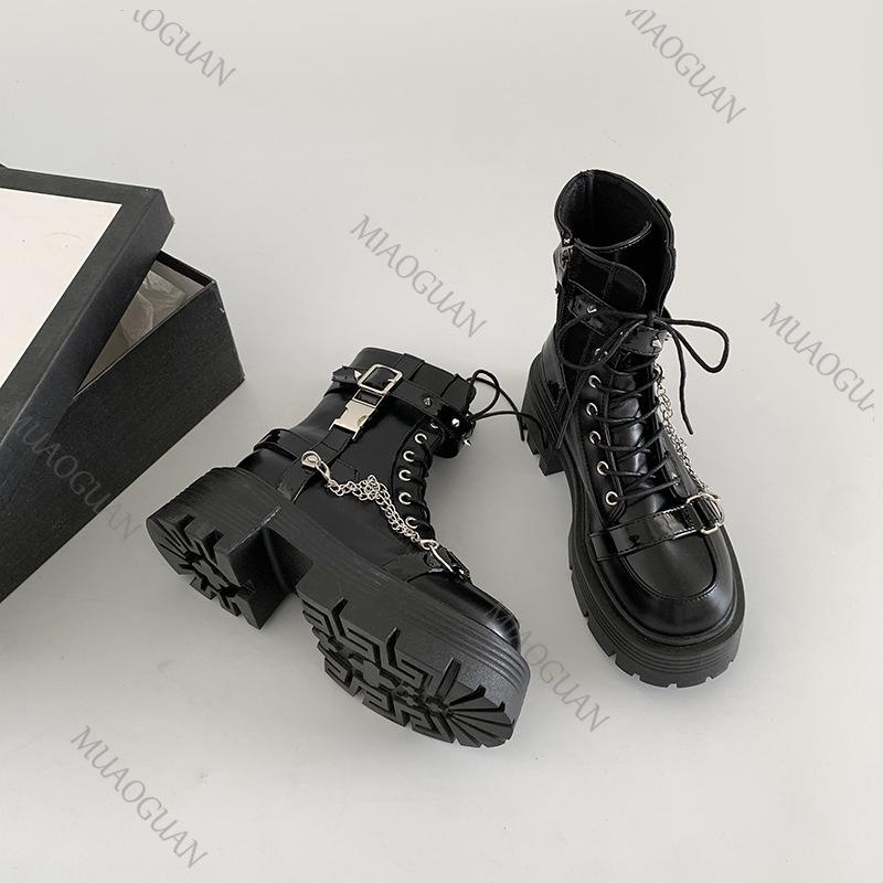Fashion Thick Bottom Motorcycle Short Boots Autumn Women Shoes Black Punk Style High Heels Sweet Cool Metal Round Toe Female Ankle Boots