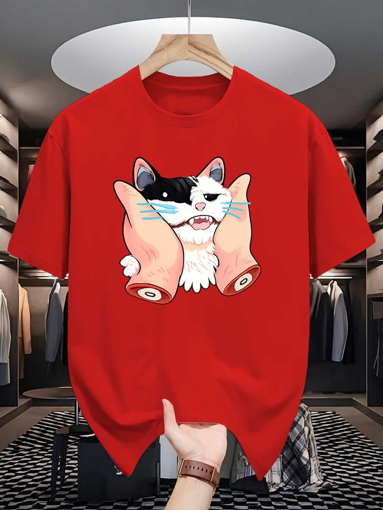 Unisex Crew Neck Tee Funny Squish Cat Cartoon Graphic Print Soft Cotton Loose Short Sleeve Summer Casual Male Daily Streetwear Tops