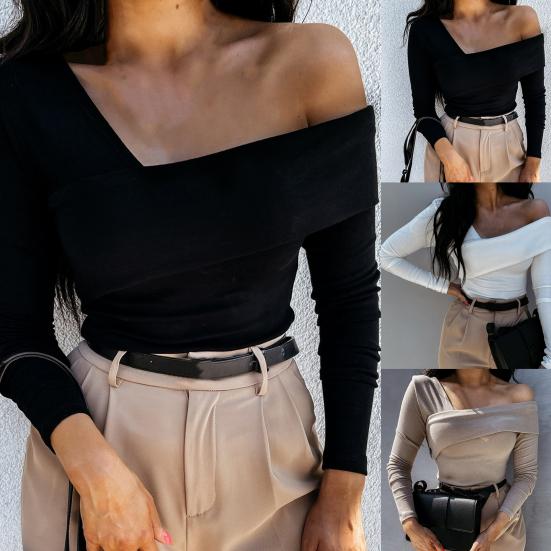 Dámské tričko se šikmým výstřihem přes rameno podzimní bez ramínek halenka s dlouhým rukávem a dlouhým rukávem streetwear
