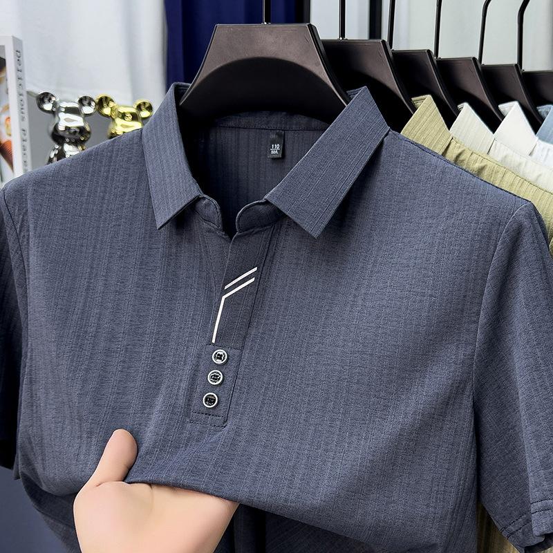Summer Men s Ice Striped Polo Lapel Collar Short Sleeve T-Shirt Breathable Business Casual Versatile Top M
