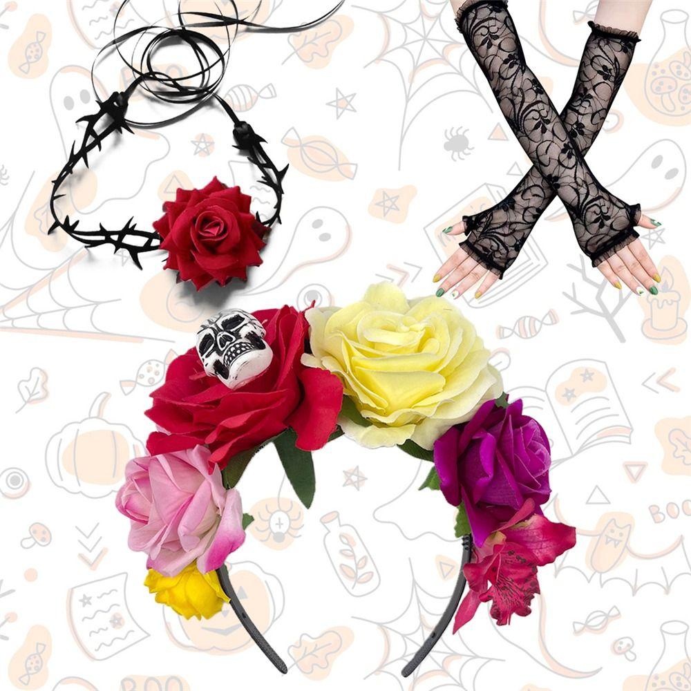 Novelty Halloween Costume Accessories Day of The Dead Headpiece Rose Flower Necklace  for Women