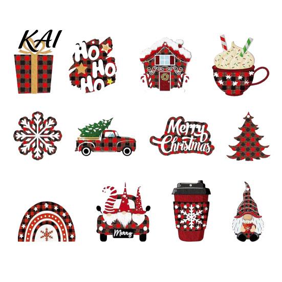 Xmas Tree Hanging Pendants 12Pcs Wooden Christmas Ornaments, Buffalo Plaid Decor with Gnome Door Window Accents Snowflake Tree, Holiday Decoration for