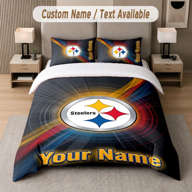Custom Bedding Set Pittsburgh Steelers Pattern, Print Name Text 1 Duvet Cover Plus 2 Pillowcases Home Textile