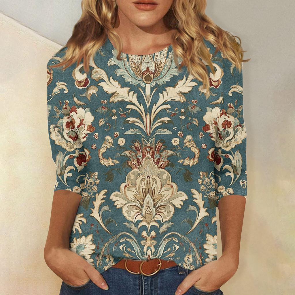 Women's Fashion Casual Seven Sleeve Vintage Printed Round Neck T-Shirt Top