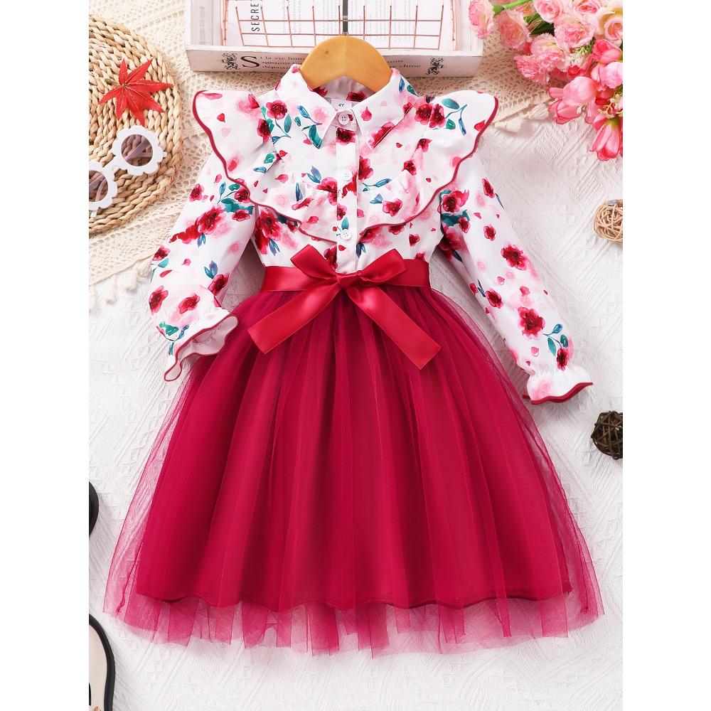 2-7 Years Girls' Floral Print Mesh Dress with Collar and Belt Girls Spring Autumn Winter Dress