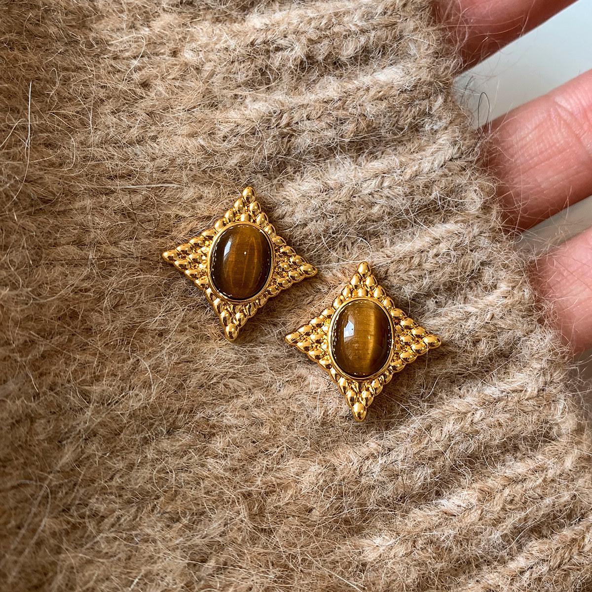 Серебряные серьги-гвоздики «Звездная вспышка» из тигрового глаза - Ретро-украшения для ушей в тонах Майяра