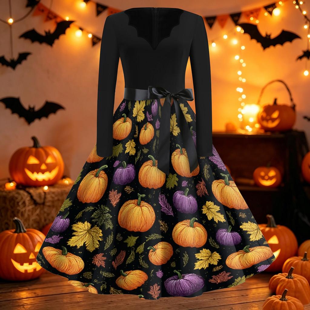 Women's Casual Halloween Print V Neck Retro Dress Long Sleeve Fit and Flare Midi Dress with Waist Tie Vintage Style