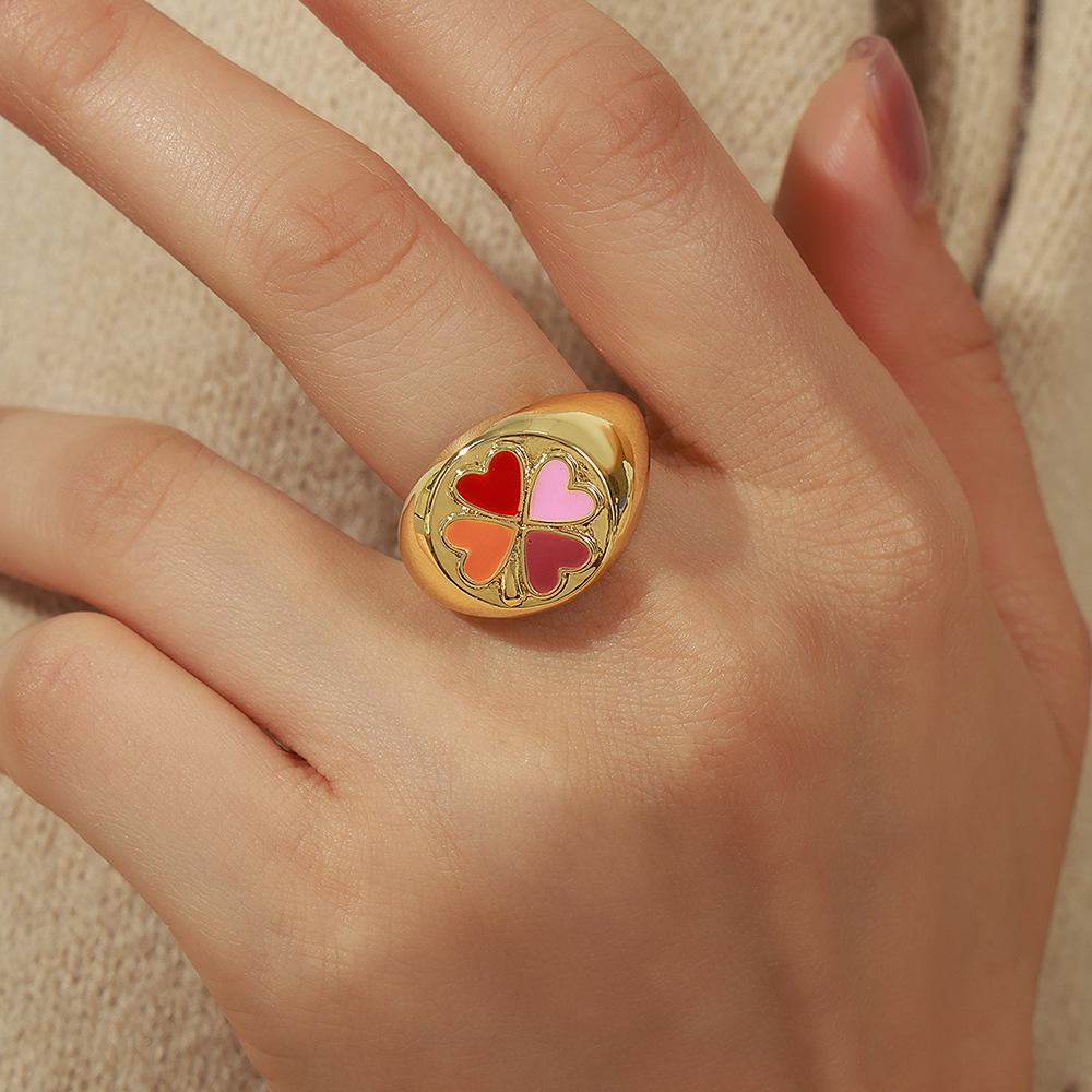 Korean Style Geometric Heart Clover Enamel Ring for Women - Trendy Temperament Design