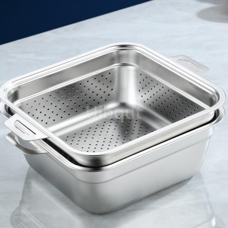 304 Stainless Steel Square Perforated Strainer Flat Bottom with Side Handles Colander for Washing Vegetables Marinating Tray