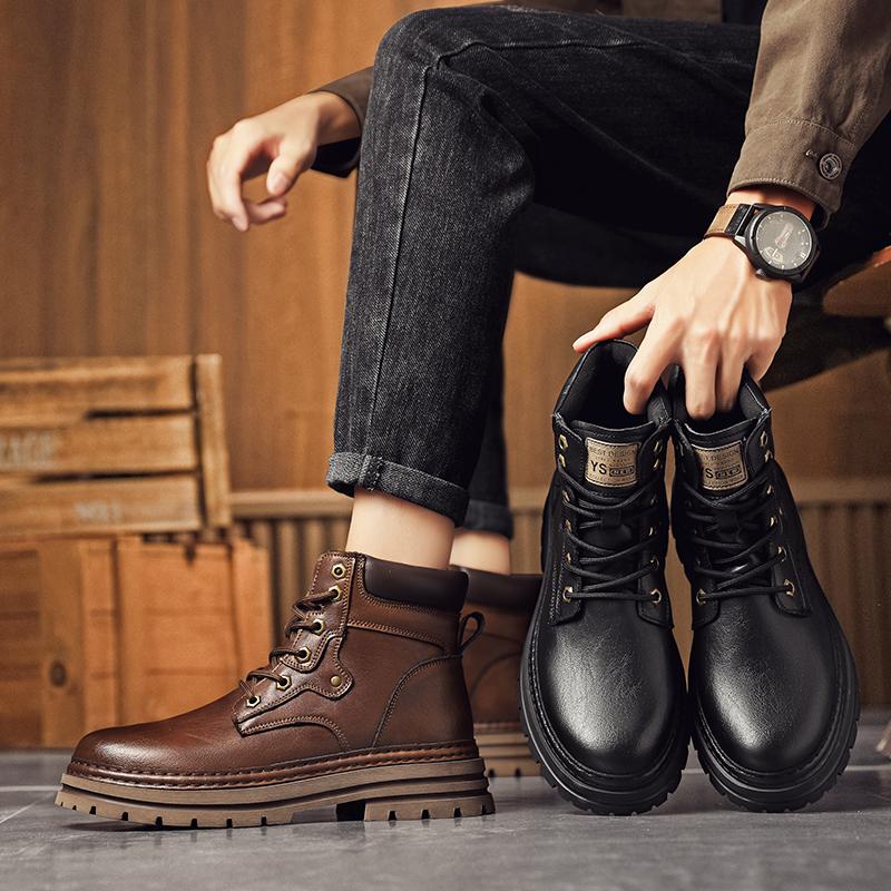 Fashion Man Round Toe Style Outdoor Motorcycle Boots Warm Plush Fur Winter Boots for Men Genuine Leather Basic Boots Comfy Outdoor Shoes