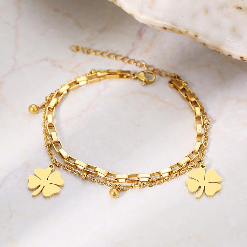 Women's Fashion DIY Double layer Stainless Steel Four Leaf Flower Bracelet Zircon Suitable for Date, Party, Festival Gifts