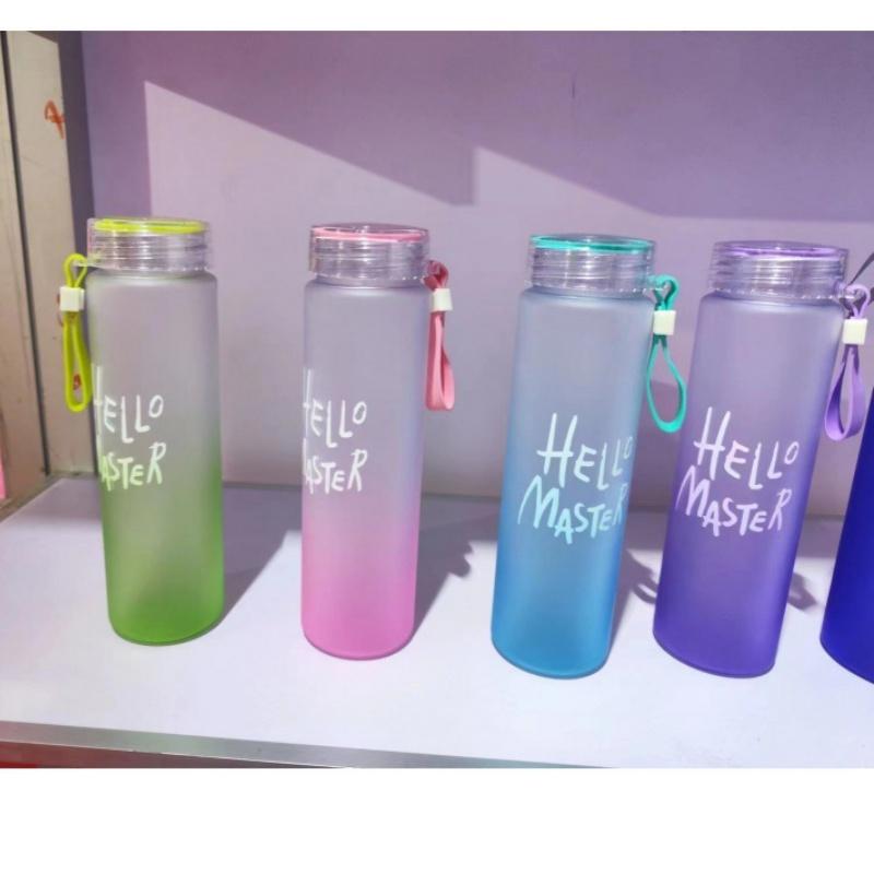 500ml Gradient Color Water Bottle Portable Frosted Colorful Drinking Bottles with Rope Transparent Sports Cup for Outdoor School