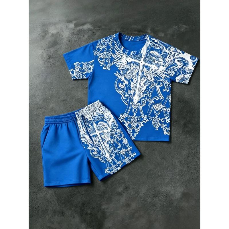 American Men's Summer Totem Cross Print Comfortable Breathable Round Neck T-Shirt Drawstring Shorts Set Outdoor Streetwear