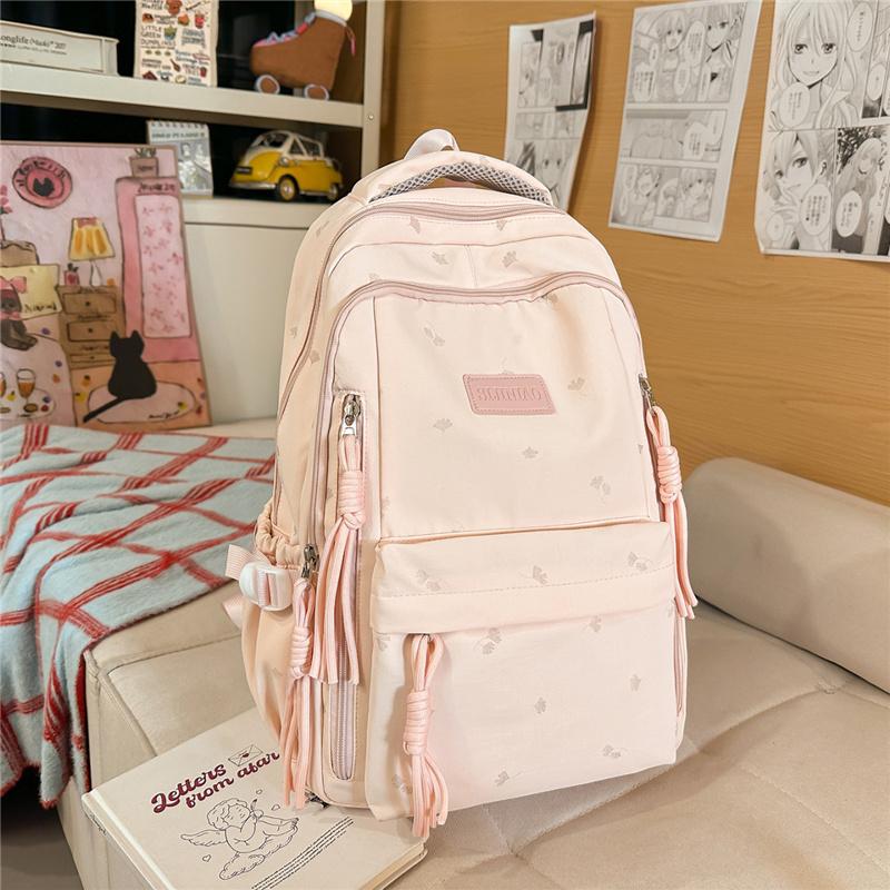 Cute Nylon Backpack for Women & Teens – Lightweight School Bag with Star Print and Decorative Tassels, Perfect for Daily Use