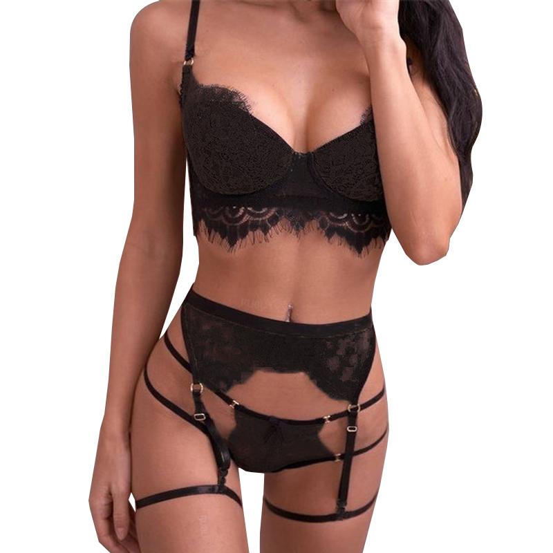 Women Sexy Lace Bra Set Sexy Three-piece Lingerie Babydoll Underwear G-String Thong Nightwear