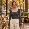 Quadratkragen Bluse Damen Bluse, Rüschenmanschetten Saum Glockenärmel Oberteil, Tägliche Oberteile Atmungsaktiv Unifarben Lässiges Hemd für den frühen Herbst