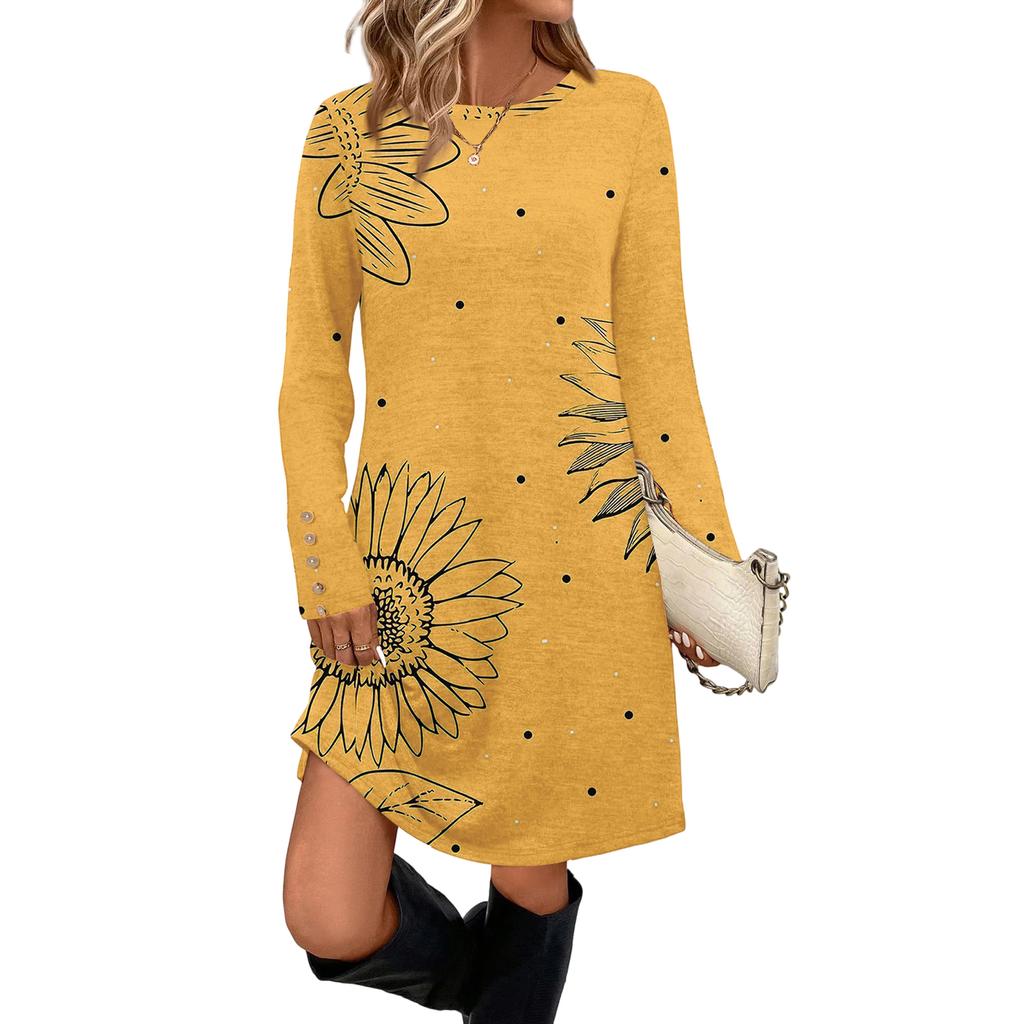 Dámské módní ležérní šaty s kapsou, ozdobnými knoflíky, kulatým výstřihem a dlouhým rukávem