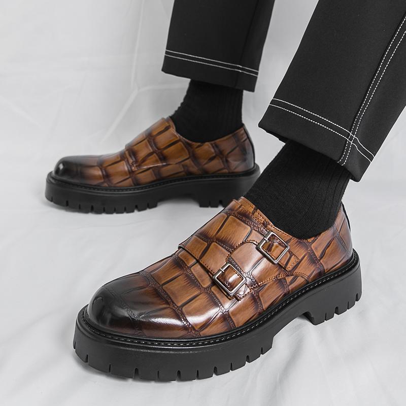 Mens Thick Sole Loafer Shoes PU Leather Slip-On Casual Dress Round Toe Rubber