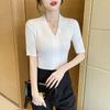 Threaded V-neck T-shirt, women's mid sleeve, slim fit and slimming, spring and summer new style, sexy and versatile temperament top JS
