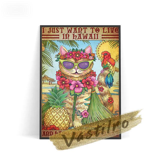 

Гавайи, путешествия, художественный принт, плакат, подарок на годовщину, креативный прибрежный отель, украшение для дома, фреска, иллюстрация с милым котом 21cm×30cm NoFrame