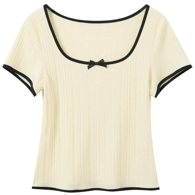 Sancai Women s Contrast Bow U-neck Slim Fit Short T-shirt XL