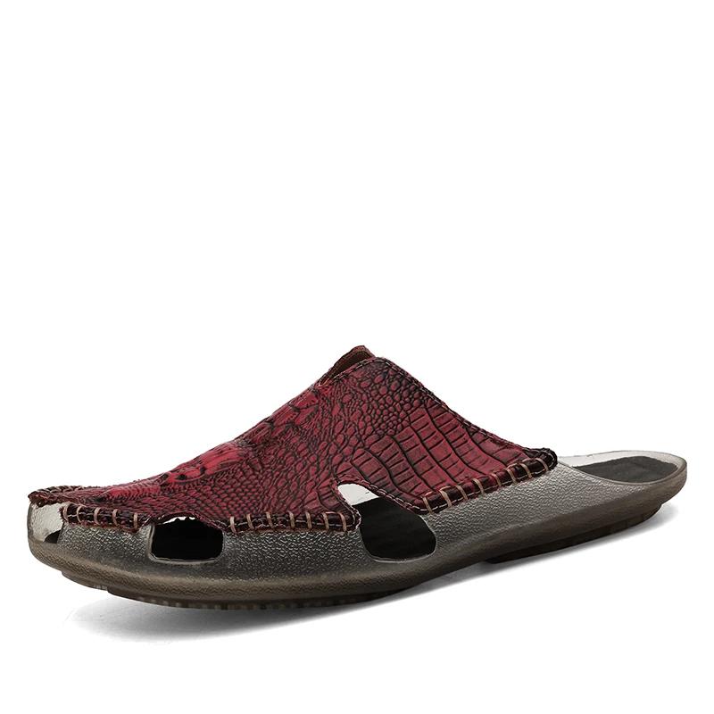 Fashion Crocodile Pattern Men's Summer Flats Breathable Sandals Male Leather Slippers Comfortable Slip-on Half Shoes Cool Casual Slides