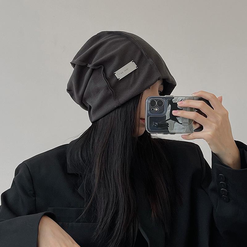 Women's Slouch Beanie: Metal Logo, Plain Color, Letter Knit, Large Head Circumference, Cloud Design - Autumn/Winter.