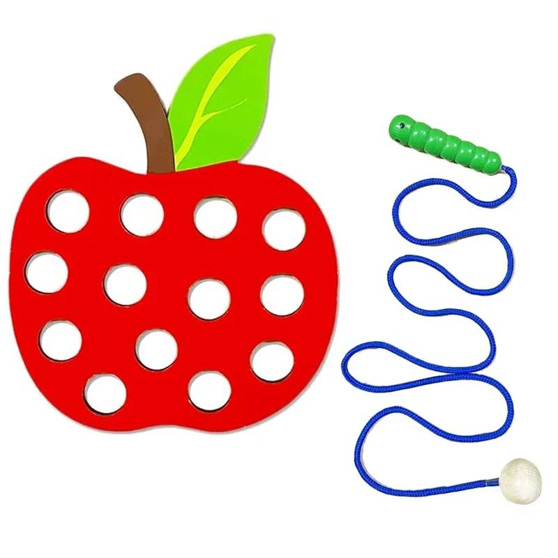 Wooden Lacing Toy Educational Fruits Threading Activity Puzzles Studying Fine Motor Skill Car Toy Set for Toddlers Kid Best Gift