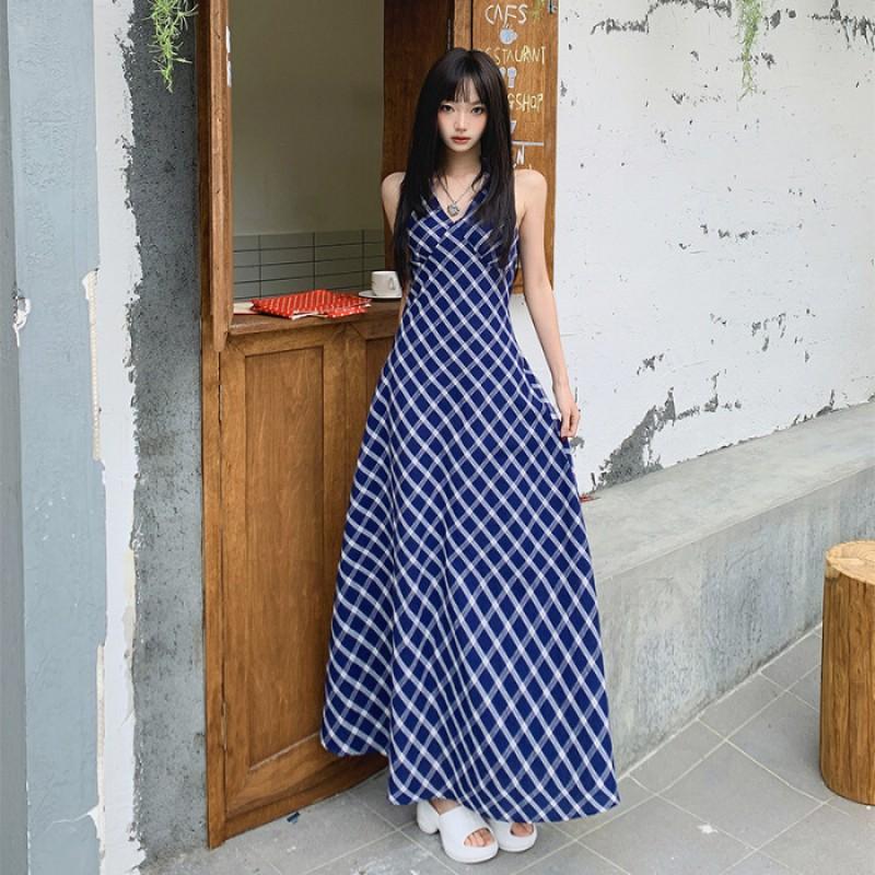 Blue Plaid Halter Neck A-Line Midi Dress Women High Waist Vacation Style 2025 TR Fabric Small