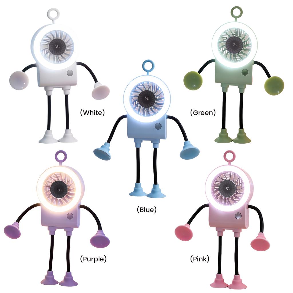 USB Cute Robot Mini Fan with Suckers&Phone Stand&Light Portable Foldable Blower 1200mAh Handheld Robot Fan for Office Desktop