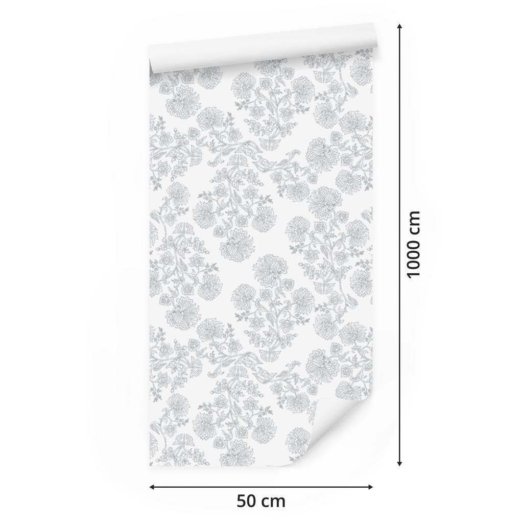 Wallpaper Flowers white and light gray, clear detail 50x1000