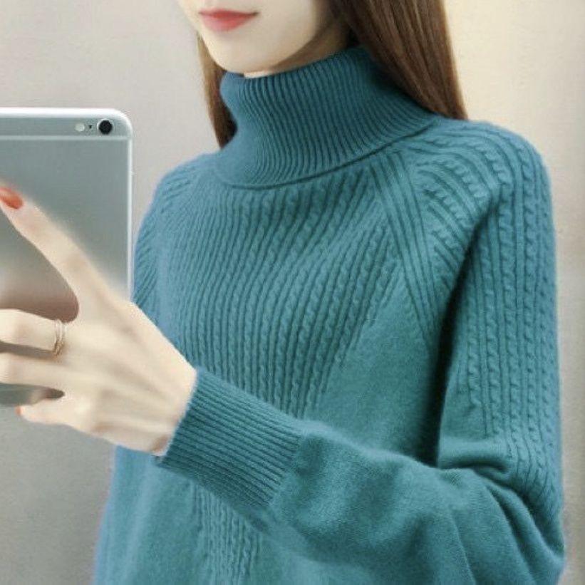 Осенне-зимний женский свитер с высоким воротником свободный и плотный осенне-зимний с длинным рукавом теплый вязаный свитер 2XL темно-зеленого 1640₽