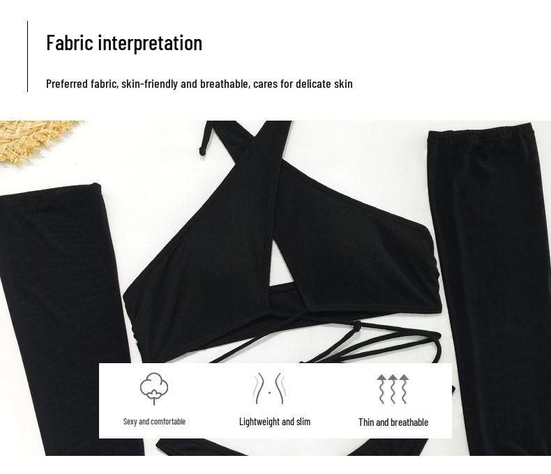 Damen Dreiteiliger Langarm-Bikini-Set - Gestreifter und Einfarbiger Badeanzug