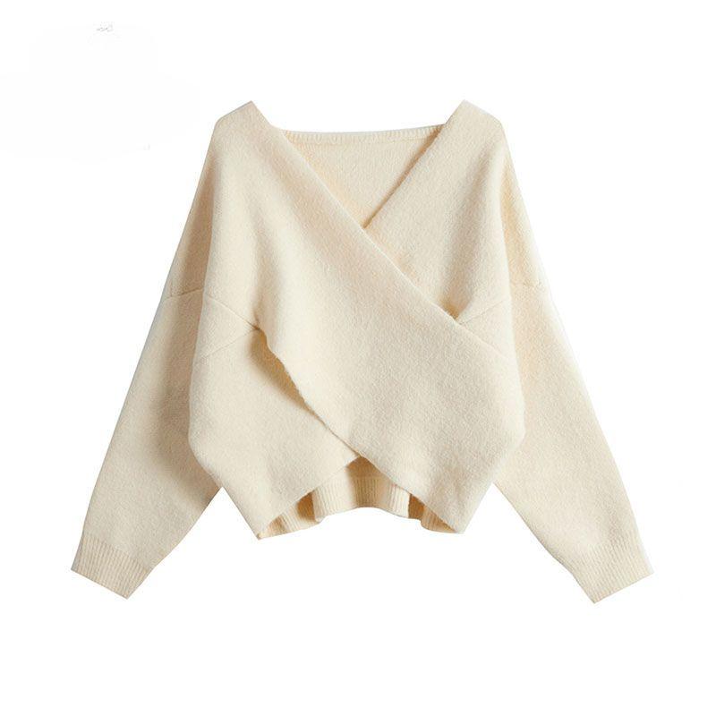 

Spring Autumn Women s V-neck Knit Sweater Solid Color Crossed Irregular Slim Fit Short Pullover Knitwear S