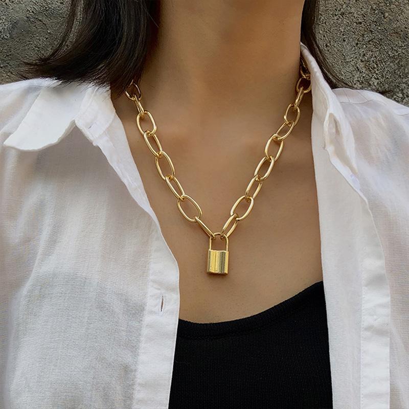 Simple Metal Lock Pendants Punk Necklaces for Women Gold Hollow Pendant Chain Personality Gothic Neck Jewelry