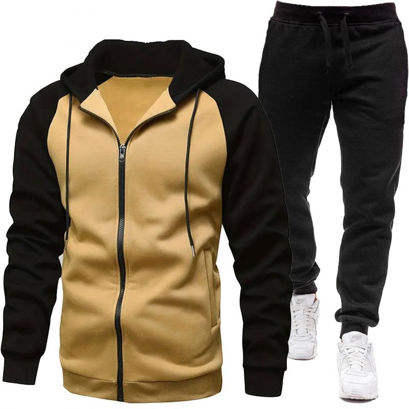 Men Clothes Jacket + Black Sports Pants For Autumn And Winter, Color-Blocked, Fashion Long Sleeve Casual Sweatshirt Set