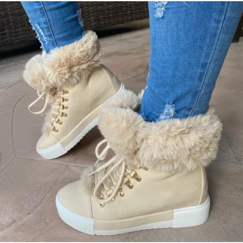 Women's Boots Christmas Fashion Lace-Up Fuzzy Lined Ankle Boots Casual Round Toe Flat Boots