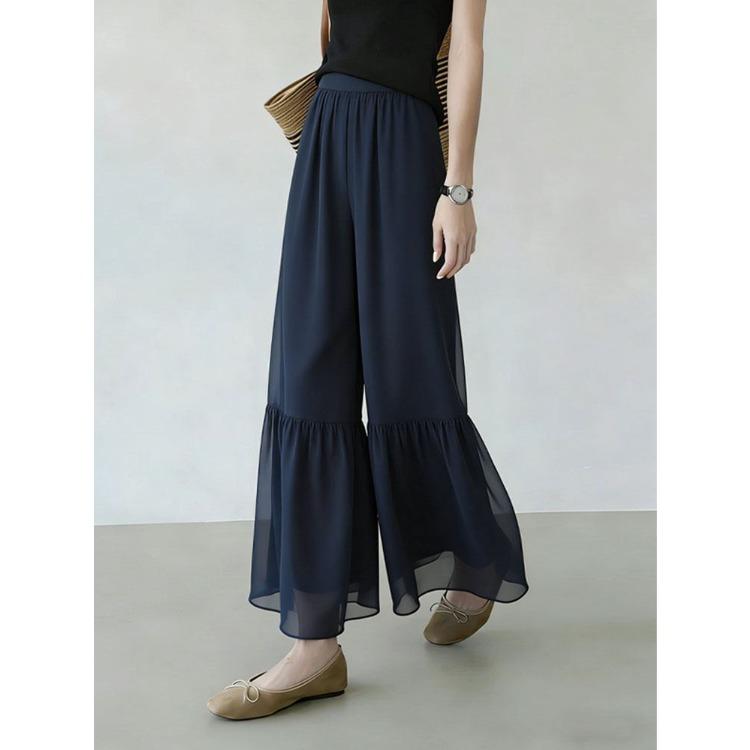 Women Elastic Waist Chiffon Ruffle Hem Wide Leg Cropped Pants Layered Flowy Sheer Capri Trousers Lightweight Summer Daily Office Casual Pants