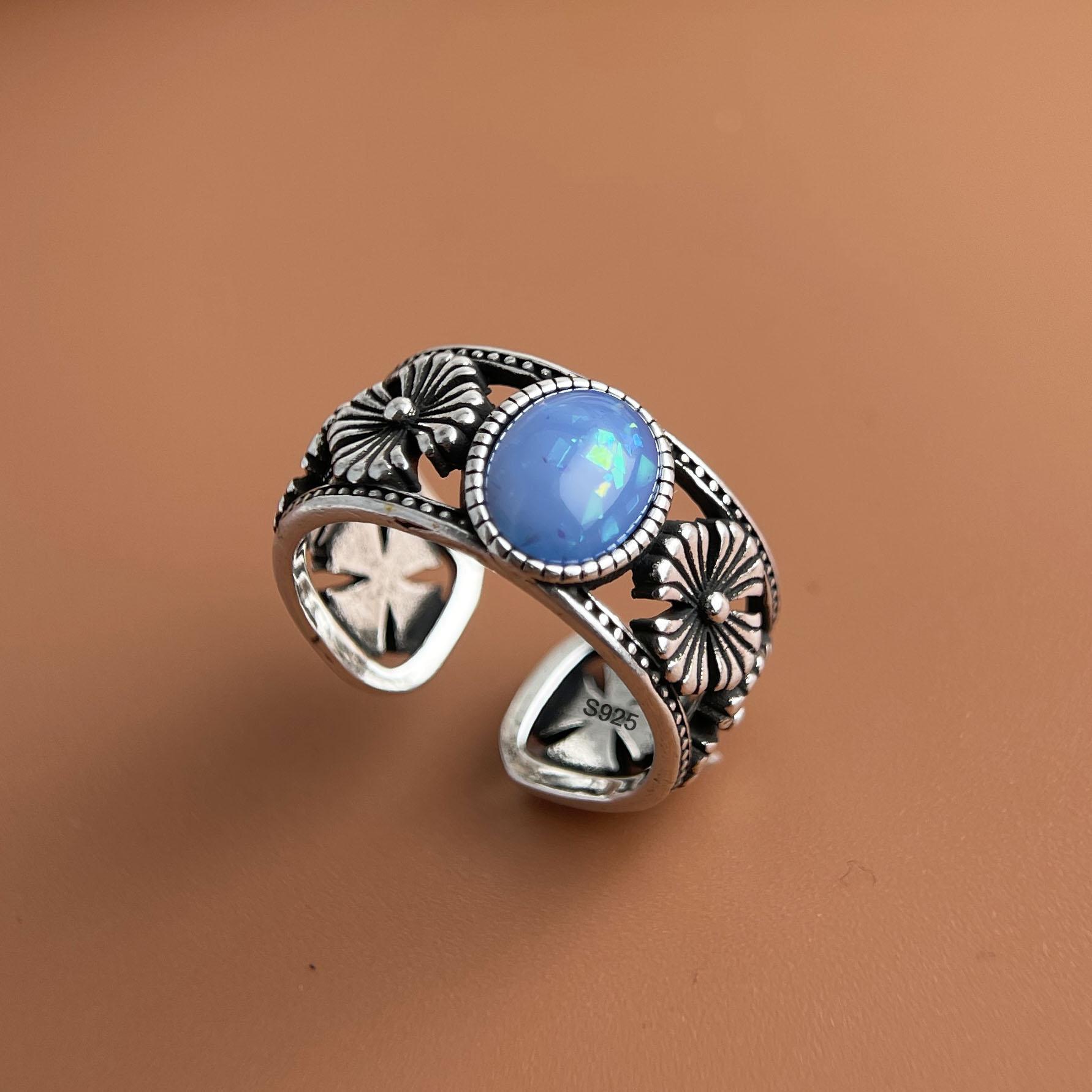 

925 Sterling Silver Rings for Women Couple Minimalist Handmade Simple Retro Blue Stone Ring Fine Jewelry Gift Prevent Allergy resizable