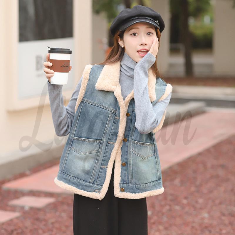 

2026 New Women s Thickened Denim Vest: Korean Style Loose Cotton Jacket, Warm Plus Velvet, Autumn Winter Casual Outerwear L синий