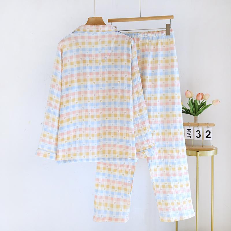 2026 Spring/Summer New Women's Pajama Set 100% Cotton Crepe Collar Love Plaid Long Sleeve Long Pants Home Clothing Set Ladies
